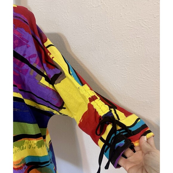 Ali Miles Size PL Multi Abstract Print Button Down Linen Blend Top Art To Wear - Picture 6 of 13